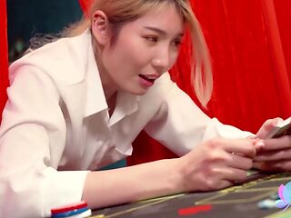 Sexy Slim Blonde Asian Babe Gets Sneakily Fucked By Her BF While Playing Poker
