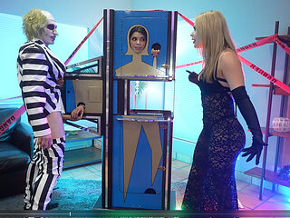 Cosplay Threesome - Bettlejuice, Wednesday Addams and Her Big Tits Stepmom