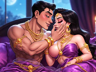 Erotic Fantasy Romance - Golden Jewelry Couple Deep Kissing & Bed Play