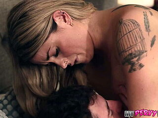 Blonde MILF Abby Rose seduces stepson Jodie Johnson with big natural tits and deep throat blowjob