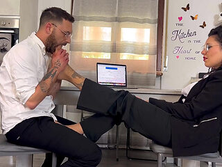 The Colleague with Sore Feet Gets Them Massaged and Licked with Pantyhose, in Exchange for a Blowjob