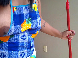 Hotwife Cleaning the Yard in Just an Apron and Slutty Panties