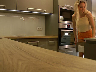 Hot Sexy Long Legs Beauty Cute Blonde College Girl in a Very Short Skirt to Flash Her Ass and Pussy in the Kitchen