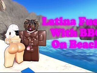Latina baddie gets destroyed by a BBC on the beach in a Roblox game.