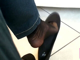 Dangling in Black Flats and Black Nylon Socks