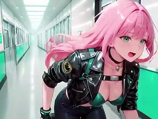 Rosy-Haired Leather Tech! Intimate vibrates in a neon-lit cyber corridor.
