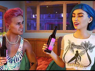 Blue-haired babe with big tits shares erotic stories while enjoying some PC gameplay