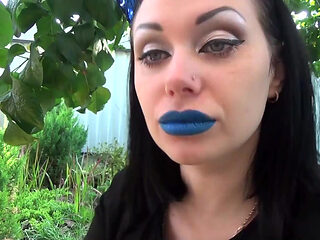 Covering Alex with blue shiny lipstick kisses all over his face outdoor! + Little tongue play!