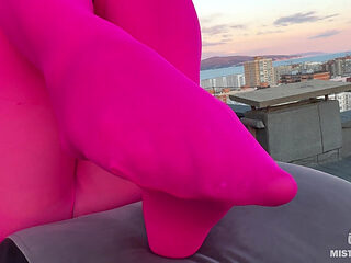 Pink Nylon Tease on the Rooftop at Sunset - Feet and Big Ass