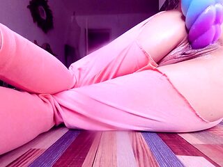 Shy Petite Girl Masturbates and Squirts in Ripped Pink Leggings