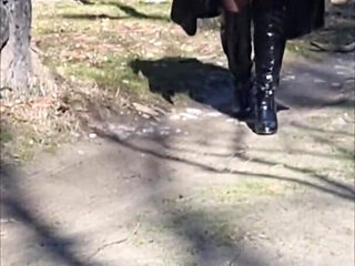 Julie Walking Through a Car Park Wearing Fur Coat, See Her Bound Tits Sticking Out