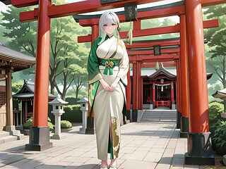 Silver-Haired Shrine Maiden Secrets! Languidly reclining in a red corridor, her bare shoulders and lush thighs exposed.