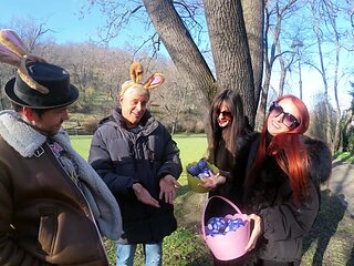 Two beautiful girls have an intense foursome with two guys in the open air