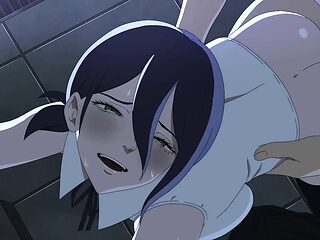 Reze rides him in reverse cowgirl position.