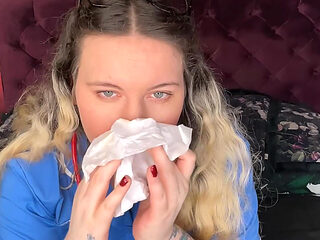 Nurse Ffw Blowing Her Nose and Finally Getting a Sneeze