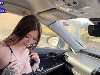 Petite British GF gives deepthroat POV blowjob in a car