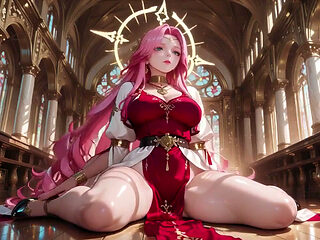 Sacred Red Robes Reveal a Private Bedroom Where She Kneels by the Bed, Eyes Hazy and Lips Parted