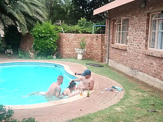 Horny Babe Gets Two Cocks by the Pool - Blowjob & Doggy
