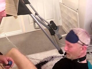 Amateur inked threesome with strap on and bondage