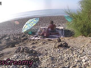 Exhibitionist Wifey Outdoor Amateur Cougar Blow-job & Hand job Gigantic Rod on Nakedness Beach public in front of voyeur with jizm - MissCreamy