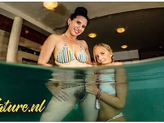 Blonde Babe Nina Heels Eats Out A Hairy Mature Pussy At The Swimming Pool