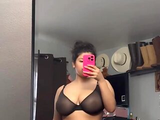 Busty hot Latina masturbates her shaved pussy after hard work