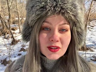 Hot Russian girl gives a cold winter forest blowjob