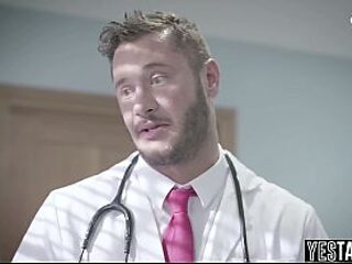 Petite ebony MILF gives sloppy blowjobs to her big-dick doctor while in