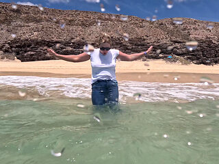Girl Wetting Jeans in the Ocean and Swimming in Wet White T-shirt