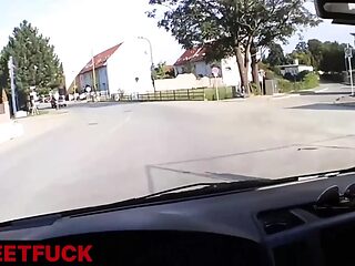 Pretty hot brunette gives a car blowjob to the gentleman stranger