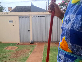 Hotwife Cleaning the Yard in Just an Apron and Slutty Panties
