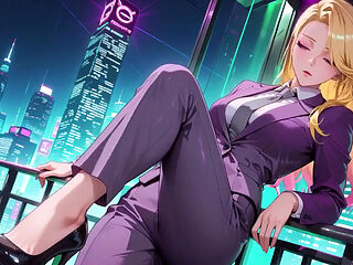 Blonde Boss in Purple Suit! Cyberpunk City Vs. Private Bedroom Contrast, Lazy Poses, Finger on Lips, Body Already Soaked!
