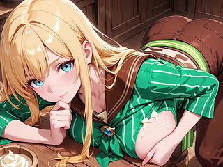 She sips beer while fixing her apron, revealing creamy cleavage.