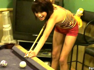 Pov classic seen of skinny brunette getting banged after pool game