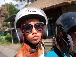 Thai beauty with natural tits and glasses indulges in a steamy al fresco BJ session