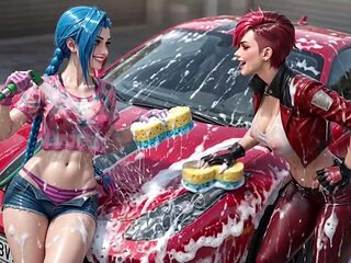 Jinx and Vi Washing the Red Ferrari Wet and Soapy