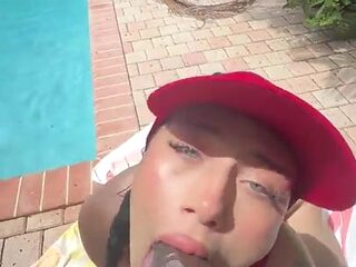 Snowbunny lifeguard enjoys outdoor BBC passion by the pool