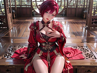 Purple-haired War Maiden in high-slit kimono, kneeling to tease your eyes with a fiery gaze and a wet, forbidden whisper.