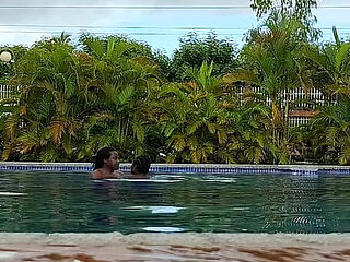 Sperm Floating in the Pool, Hard Sex in the Water, Double Orgasm.