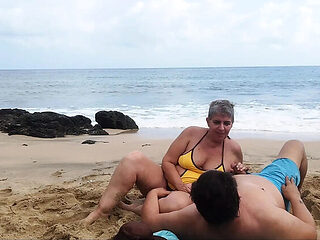 Mature Couple Almost Caught on Beach - Real Amateur Blowjob with Saggy Tits & Older Wife