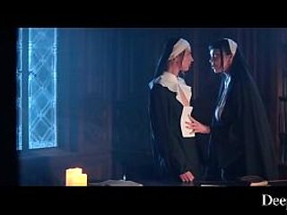 Deepthroat and DP in a wild nun gangbang with a big dick.