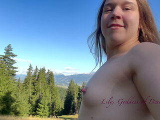 Walking in the Mountains Without T-shirt and Bra
